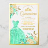 ガウンきらめくミントグリーンフローラキンセアニェラ金ゴールド 箔招待状 (正面)