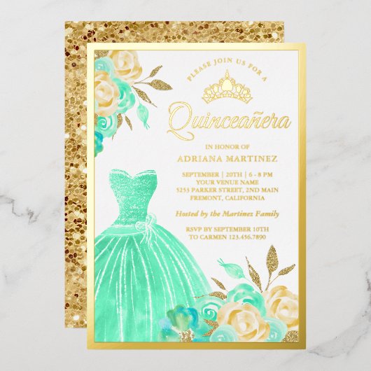 ガウンきらめくミントグリーンフローラキンセアニェラ金ゴールド 箔招待状 (正面/裏面)