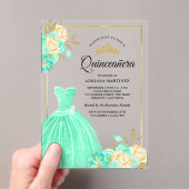 ガウンきらめくミントグリーンフローラ金ゴールドキンセアニェラ アクリル招待状 (インサイチュ (ポータブル))