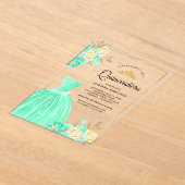 ガウンきらめくミントグリーンフローラ金ゴールドキンセアニェラ アクリル招待状 (レイダウン)