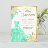 ガウンきらめくミントグリーンフローラ金ゴールドキンセアニェラ 招待状 (スタンド正面)