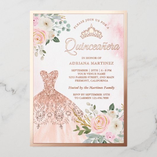 ガウンきらめく赤面フローラキンセアニェラバラ金ゴールド 箔招待状 (正面)