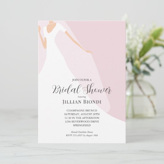 ガウンとヴェール赤面ピンクブライダルシャワー 招待状 (スタンド正面)