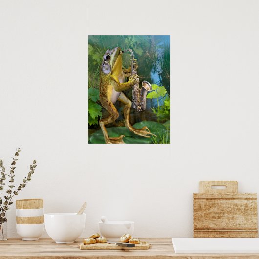 ガエルユーモアのあるがサクソフォンを吸い込む ポスター (キッチン)