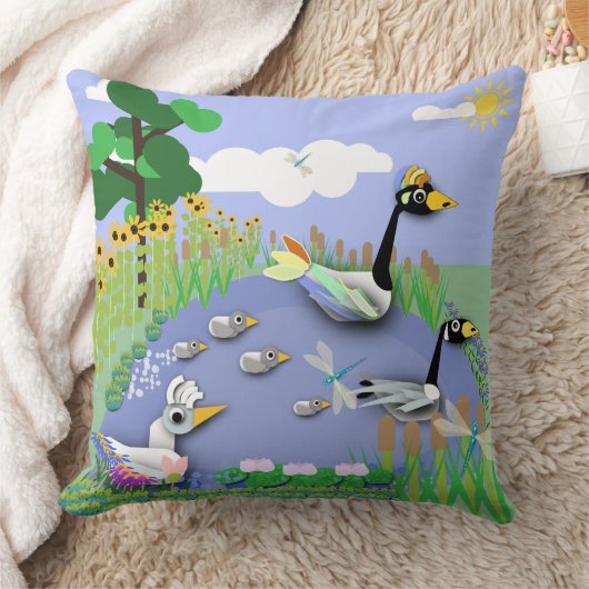 ガカラフルーゼとアヒルを持つ漫画スタイル池 クッション (ブランケット)