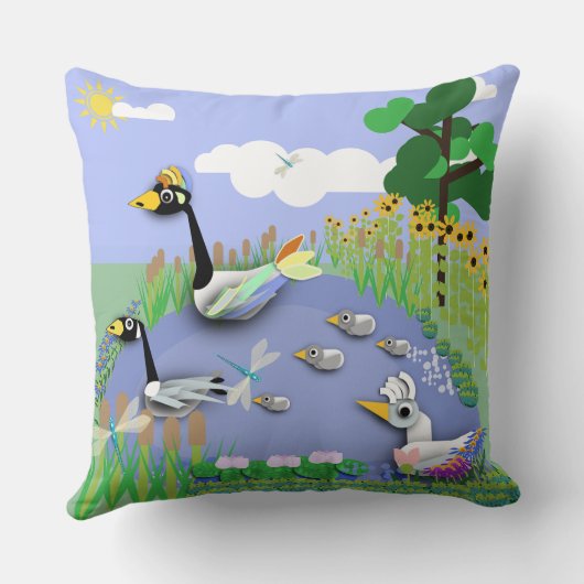 ガカラフルーゼとアヒルを持つ漫画スタイル池 クッション (裏面)