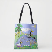ガカラフルーゼとアヒルを持つ漫画スタイル池 トートバッグ (正面)