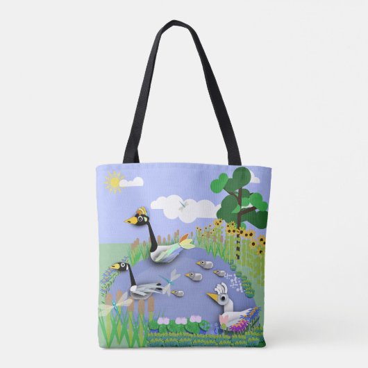 ガカラフルーゼとアヒルを持つ漫画スタイル池 トートバッグ (裏面)