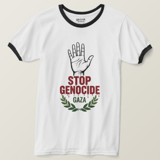 ガザでのジェノサイド停止 – 平和と人道支援の啓発 Tシャツ (デザイン正面)