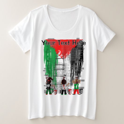 ガザの子供たち パレスチナの旗の絵  プラスサイズTシャツ (デザイン正面)