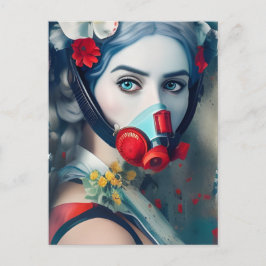 ガスのマスクに入った女性と花はがき ポストカード