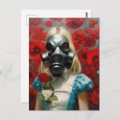 ガスのマスクに赤い花を持つ女性 ポストカード (正面/裏面)