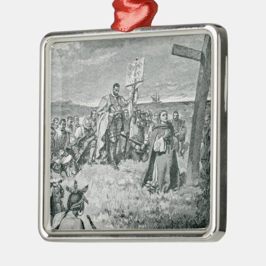 ガスペで十字をセットアップしているジェイクスCartier メタルオーナメント (左)