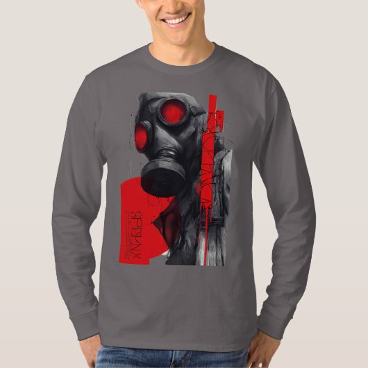 ガスマスク トラッシュポルカ 赤黒 ロングスリーブ Tシャツ (正面)