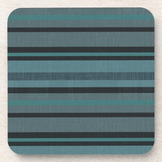 ガソリンティール(緑がかった色)のブルーグレーのリネン一見のストライプのなデザイン コースター (正面)