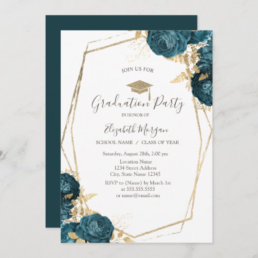 ガソリン赤面バラ，グラッドキャップ，卒業 招待状 (正面/裏面)