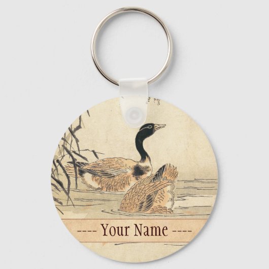 ガチョウとカメリアヴィンテージ日本美術 キーホルダー (正面)
