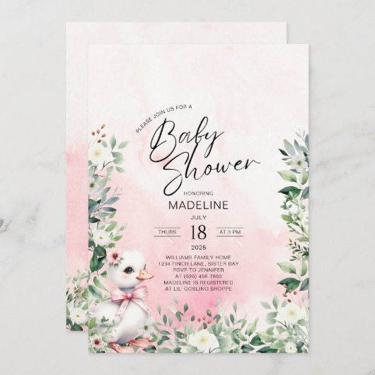 ガチョウとボウピンクの女の子ベビーシャワー招待状 招待状 (正面/裏面)