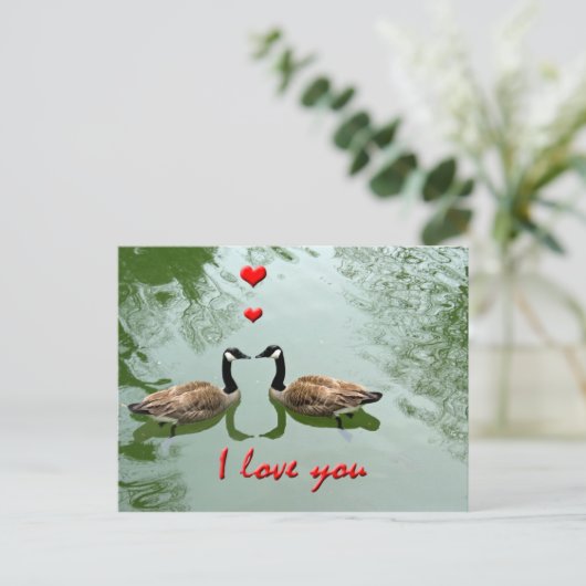 ガチョウは愛でつなぎます- 「私は」ハート愛します ポストカード (スタンド正面)