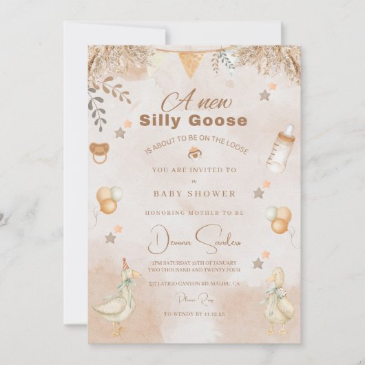 ガチョウ間抜けの赤お洒落ちゃんシャワー招待状 シーズンカード (正面)