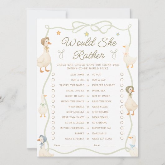 ガチョウ間抜けの赤ん坊のシャワーは彼女はむしろゲームカードだろう 招待状 (正面)