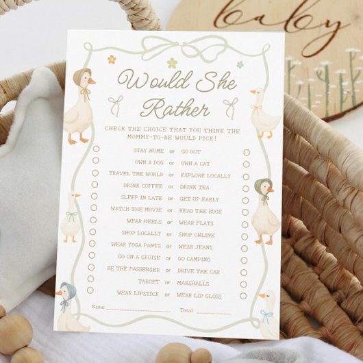 ガチョウ間抜けの赤ん坊のシャワーは彼女はむしろゲームカードだろう 招待状