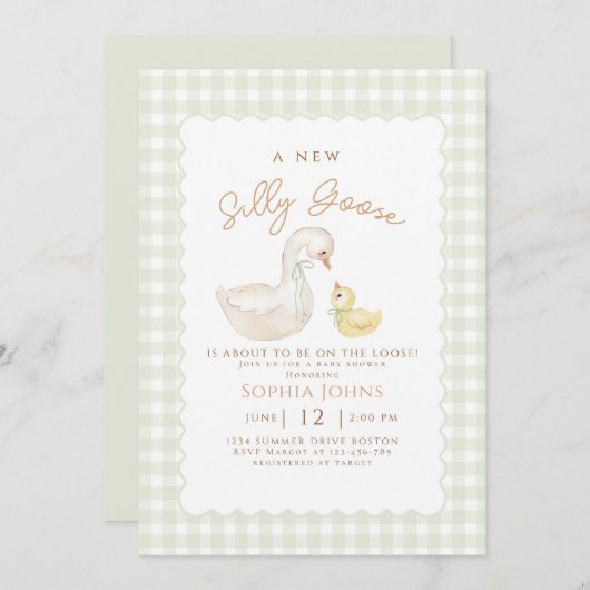 ガチョウ間抜けギンガムダック性別Neutraベビーシャワー 招待状 (正面/裏面)