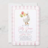 ガチョウ間抜けピンクのギンガムガールベビーシャワー 招待状 (正面)