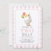 ガチョウ間抜けピンクのギンガムガール2nd誕生日 招待状 (正面)
