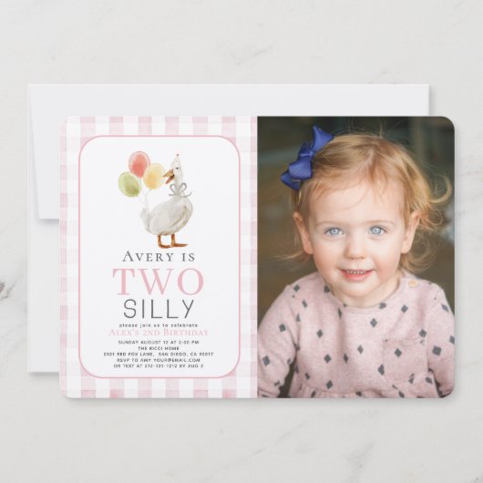 ガチョウ間抜けピンクのギンガムガール2nd誕生日 招待状 (正面)