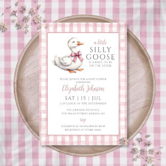 ガチョウ間抜けピンクの女の子の赤ちゃんシャワー 招待状