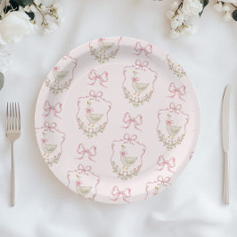 ガチョウ間抜けピンクの弓の紋章ヴィンテージの赤ちゃんシャワー ペーパープレート