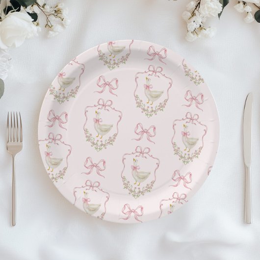 ガチョウ間抜けピンクの弓の紋章ヴィンテージの赤ちゃんシャワー ペーパープレート