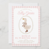 ガチョウ間抜けピンクギンガムアンドボーガール誕生日 招待状 (正面)