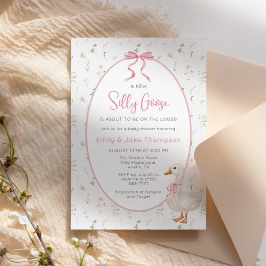 ガチョウ間抜けピンクボウフローラベビーシャワー招待状 招待状