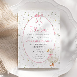 ガチョウ間抜けピンクボウフローラベビーシャワー招待状 招待状