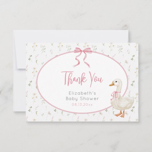 ガチョウ間抜けピンクボウ山花赤ちゃんシャワー サンキューカード (正面)