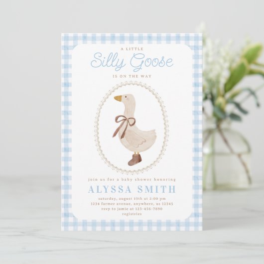 ガチョウ間抜けブルーギンガムボーイ赤ちゃんシャワー 招待状 (スタンド正面)