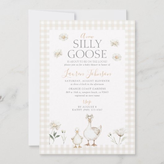 ガチョウ間抜けベお洒落ージュギンガムベビーシャワー 招待状 (正面)