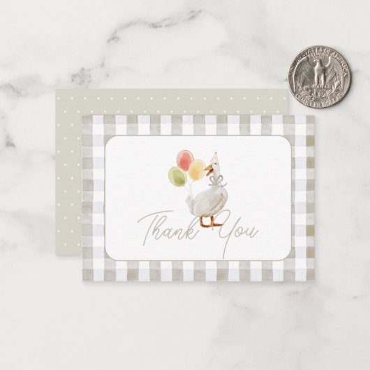ガチョウ間抜けベージュギンガムベビーシャワーサンキュー ノートカード (正面/裏面インサイチュ)