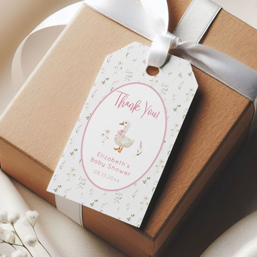 ガチョウ間抜けワイルドフラワーピンク弓ベビーブシャワー ギフトタグ