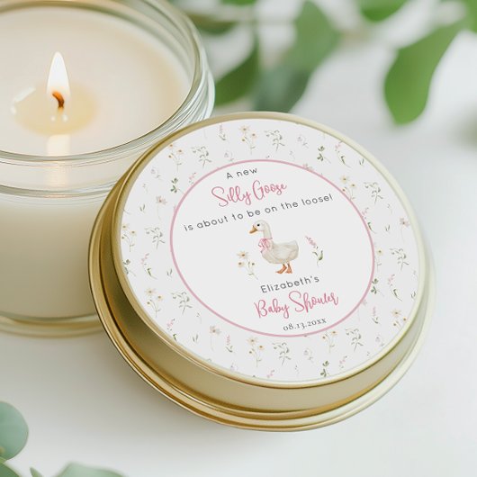 ガチョウ間抜けワイルドフラワーピンク弓ベビーブシャワー ラウンドシール