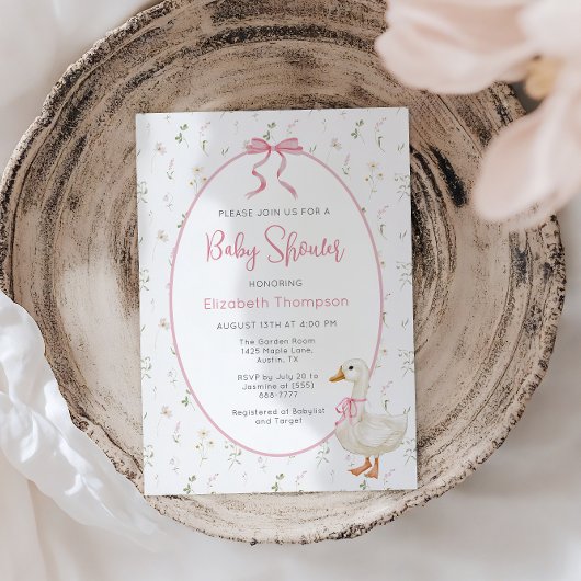 ガチョウ間抜けワイルドフラワーピンク弓ベビーブシャワー 招待状