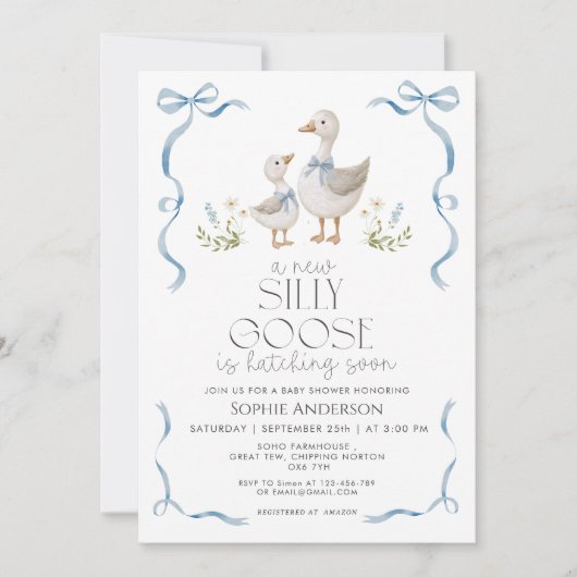 ガチョウ間抜けヴィナージュおじぎ男の子ベイビーシャワー 招待状 (正面)