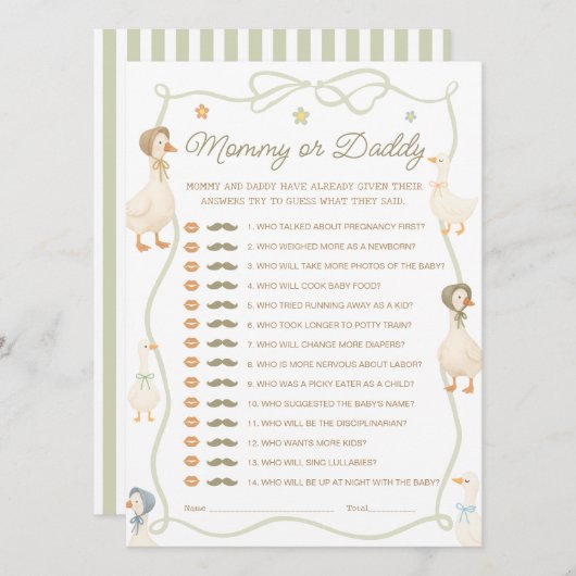 ガチョウ間抜け赤ちゃんシャワーママまたはパパのゲームカード 招待状 (正面/裏面)