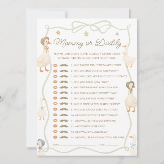 ガチョウ間抜け赤ちゃんシャワーママまたはパパのゲームカード 招待状 (正面)