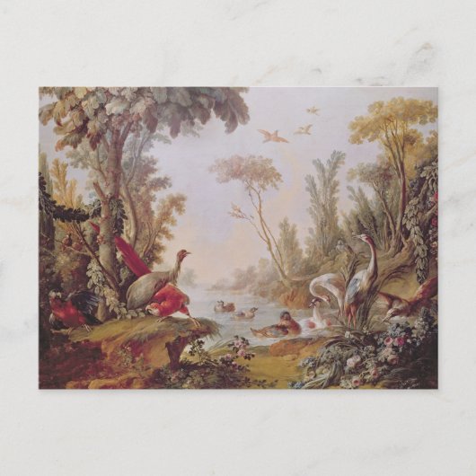 ガチョウ、コウノトリ、オウム、サギと湖 ポストカード (正面)