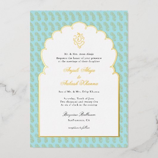 ガネシエレガントインディアン結婚ズアクアと金ゴールド 箔招待状 (正面)