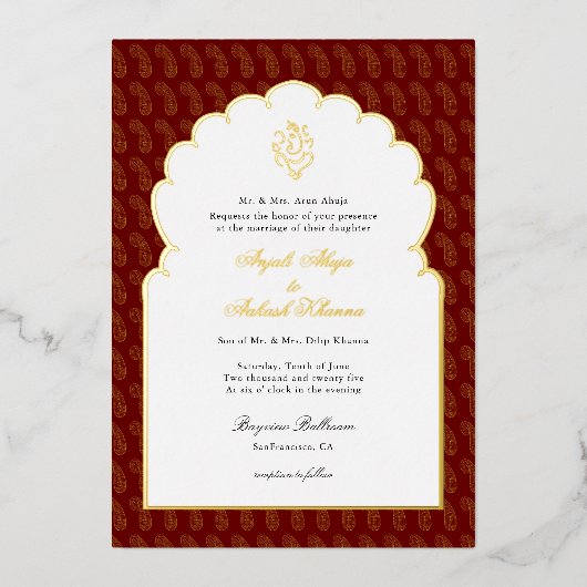 ガネシュエレガントインディアン結婚ズ赤と金ゴールドI 箔招待状 (正面)