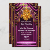 ガネーシュ金ゴールドパープルインディアン寺アーチヒンズー教 招待状 (正面/裏面)